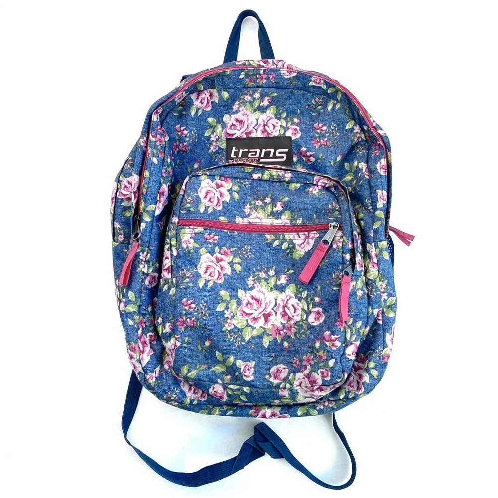 Trans By Jansport Backpack Floral Roses Blue Denim Pink Multipocketed Mesh Drink